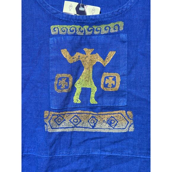 Vintage Blue Cactus Maxi Dress Linen Southwestern Painted NEW Dead Stock Buttons - Picture 4 of 9